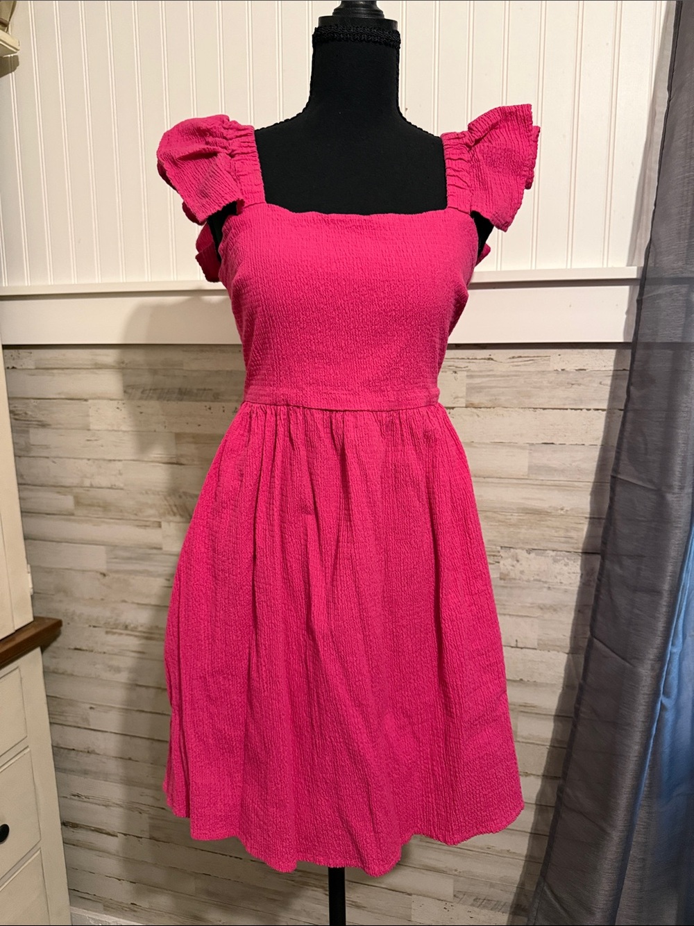 miami Hot Pink Square-Neck Ruffle Sleeve Mini Dress